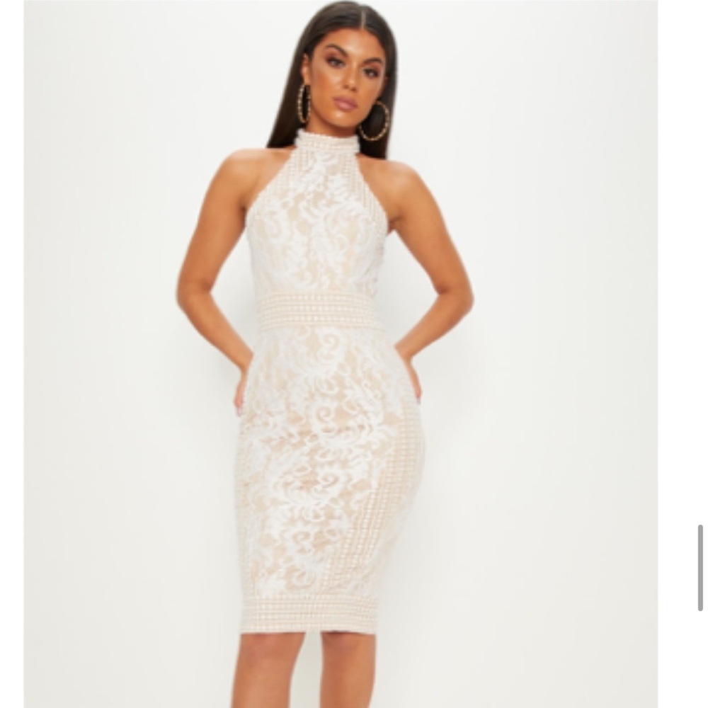 PrettyLittleThing White Lace Crochet High Neck Midi Dress